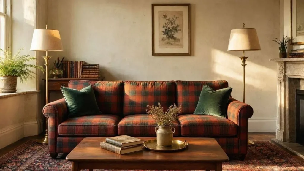 Traditional English plaid sofa in a timeless old money living room.