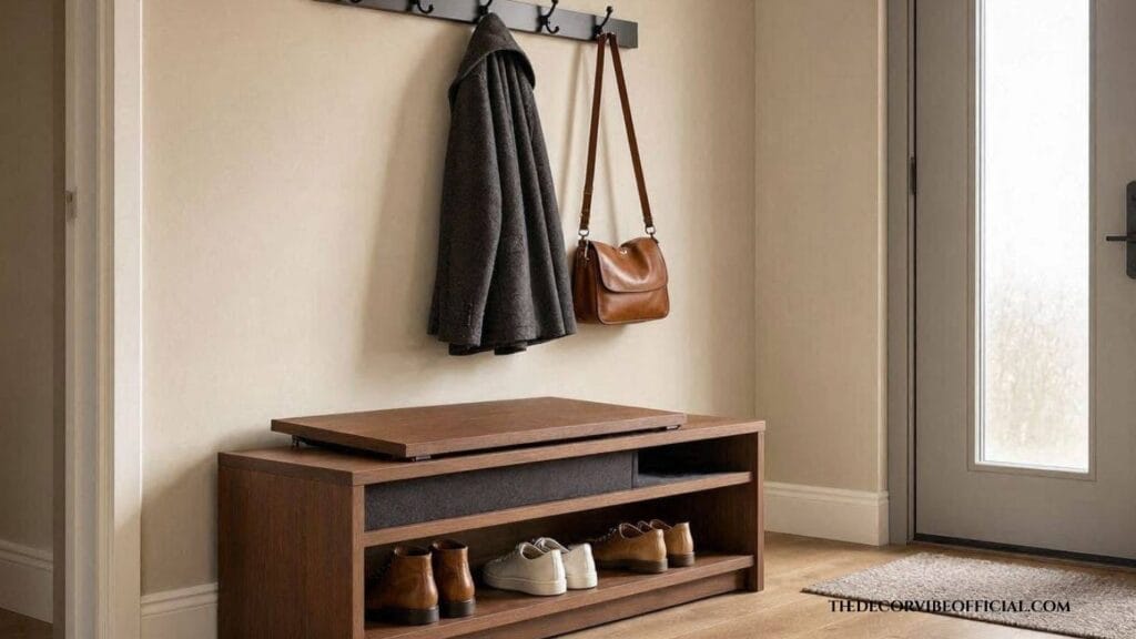 Entryway bench ideas with wooden storage bench, shoes underneath, and coat hooks above