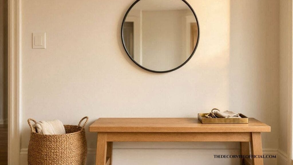Entryway bench styled with mirror, rug, and key tray for a complete look