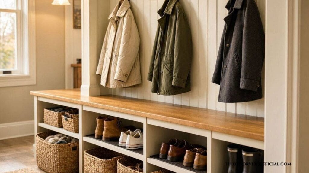 Storage bench idea with shoe cubbies and woven baskets for entryway organization