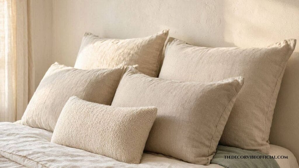 Close-up of euro shams, sleeping pillows, and lumbar pillow layered in three rows
arrange bedroom pillows without a headboard