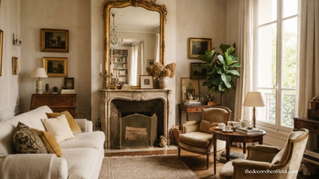 Antique gold mirror in luxury living room reflecting light and space.