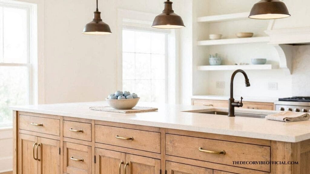 Farmhouse kitchen island styled with oil rubbed bronze pendants and brass drawer pulls