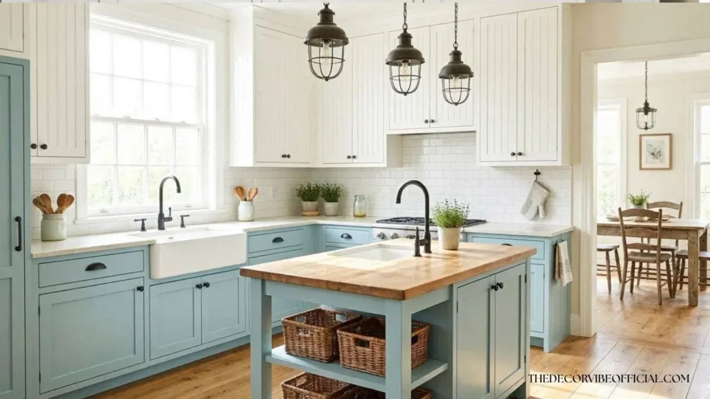 Farmhouse light blue kitchen cabinets with apron sink and butcher block island