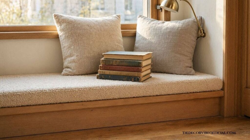 Cozy home library window seat with warm reading lamp and stacked books