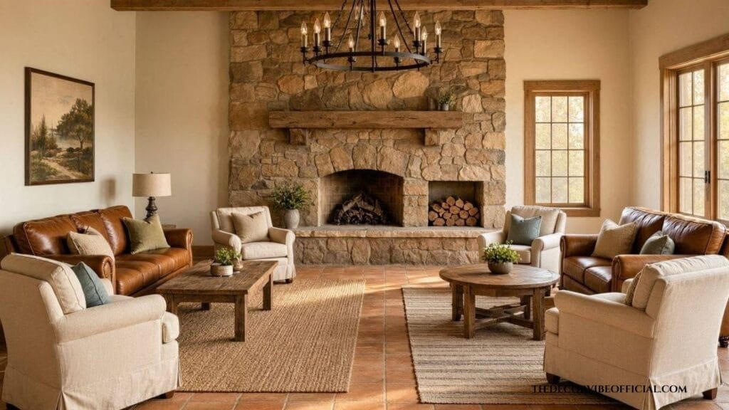 Farmhouse Tuscan living room with terracotta tile and stone fireplace