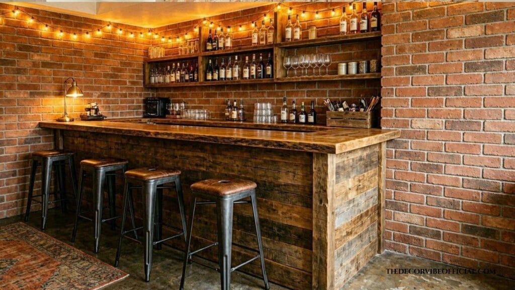 Faux brick wall DIY basement bar with panels and reclaimed wood