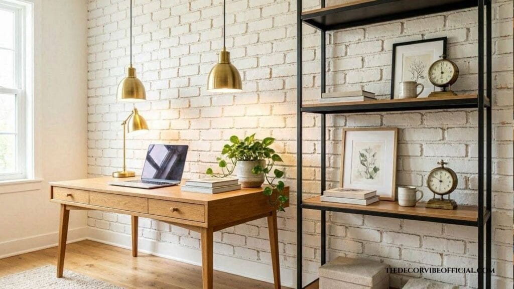 Faux brick wall DIY with a whitewashed joint compound finish