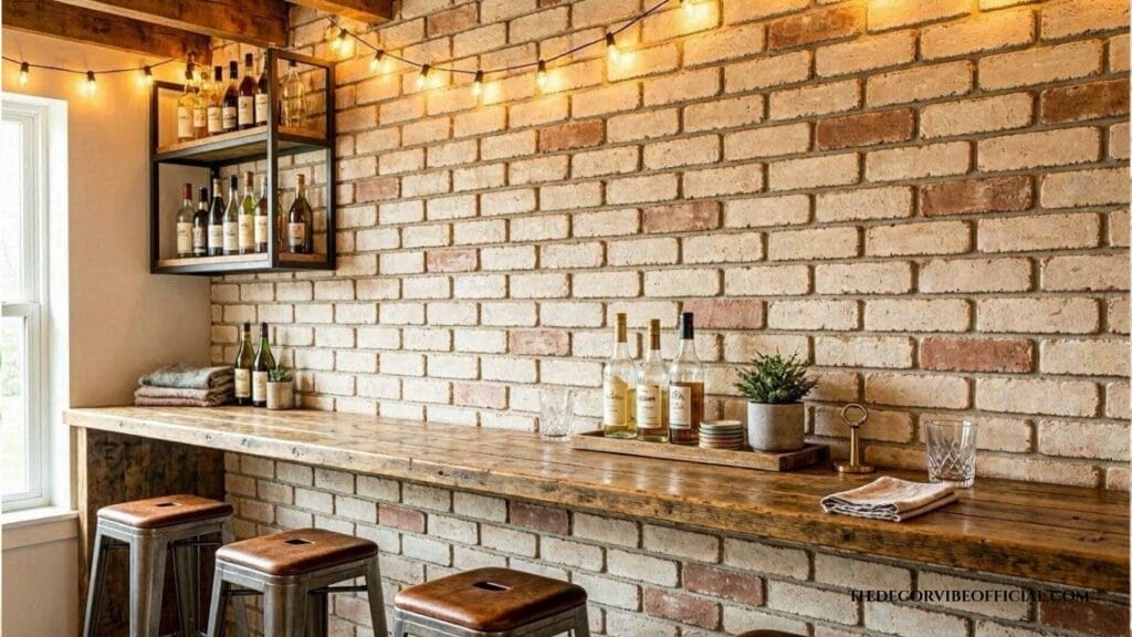 Faux brick wall DIY panel install in a basement bar