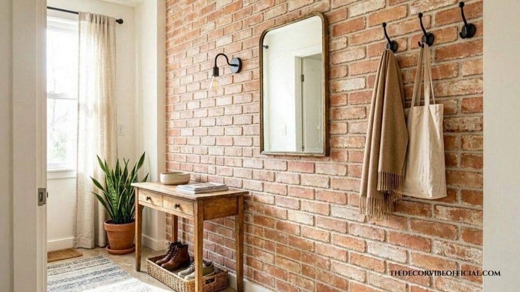 Faux brick wall DIY with removable brick wallpaper in an entryway