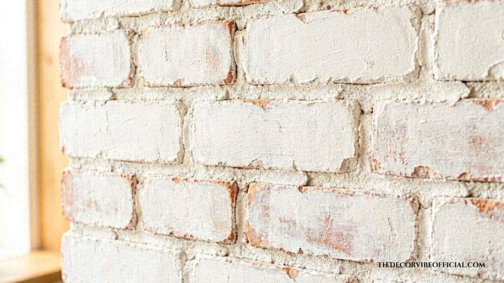 Faux brick wall DIY close-up of whitewashed joint compound texture