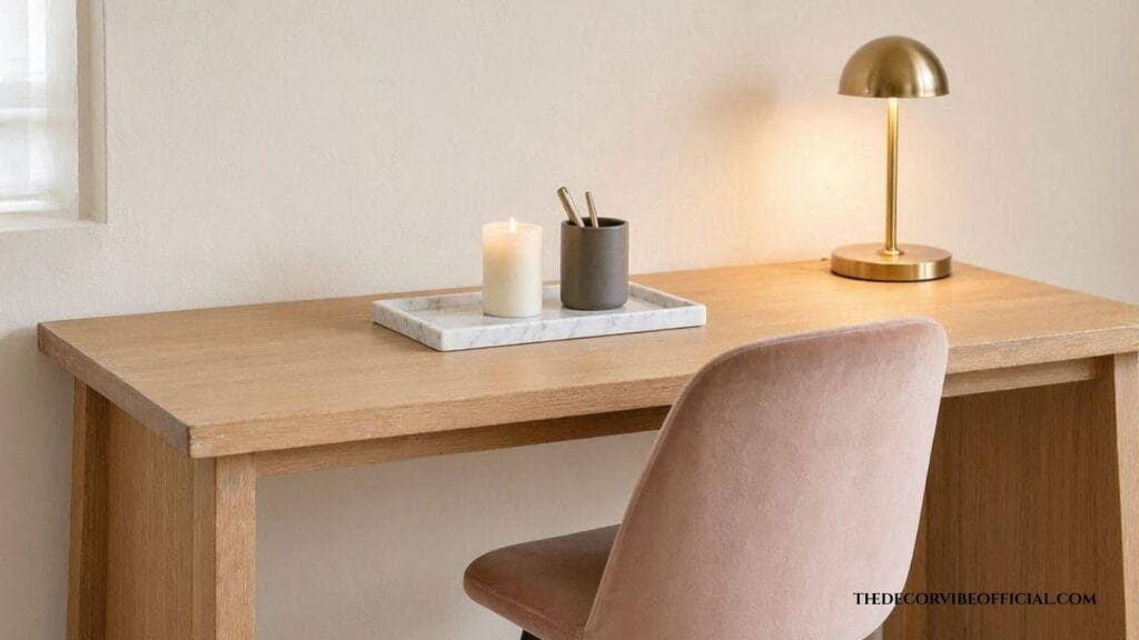 Feminine neutral home office decor idea with blush velvet chair