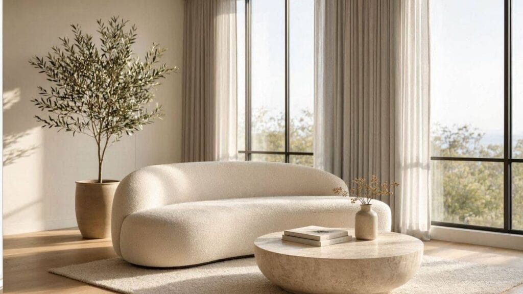 Floor-to-ceiling linen curtains making a small living room appear taller and brighter.