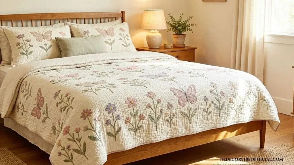 Floral quilt ideas with embroidered butterfly and wildflower quilt design