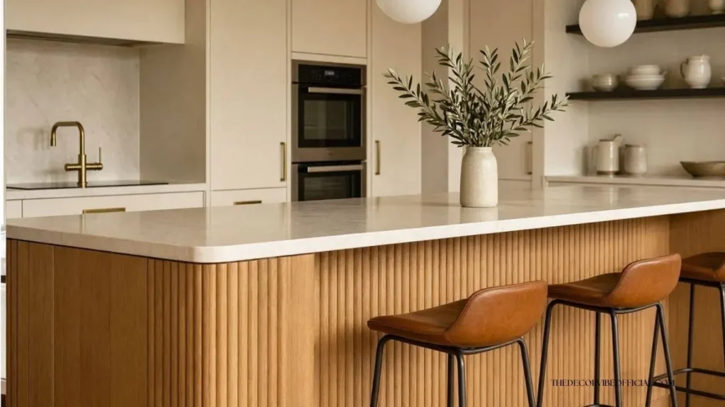 Luxury fluted oak kitchen island with quartz countertop and brass accents.