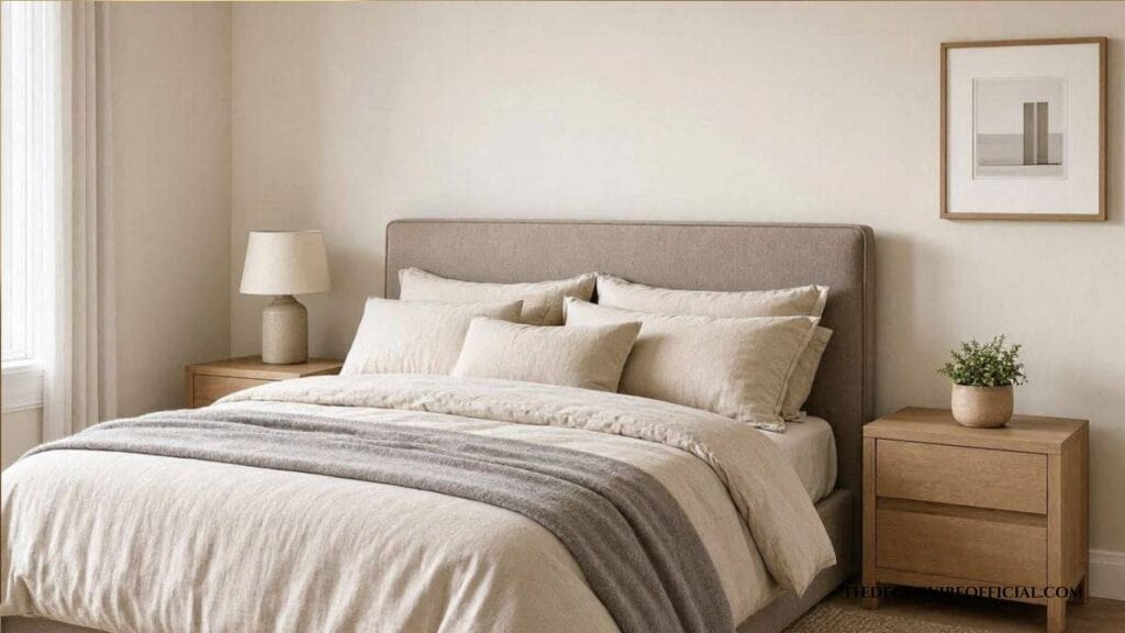Bedroom showing all four neutral bedroom color psychology profiles including beige gray cream and taupe