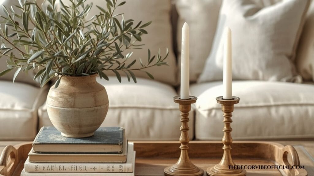 French country coffee table styled with vintage books, ceramic decor, and olive branches.