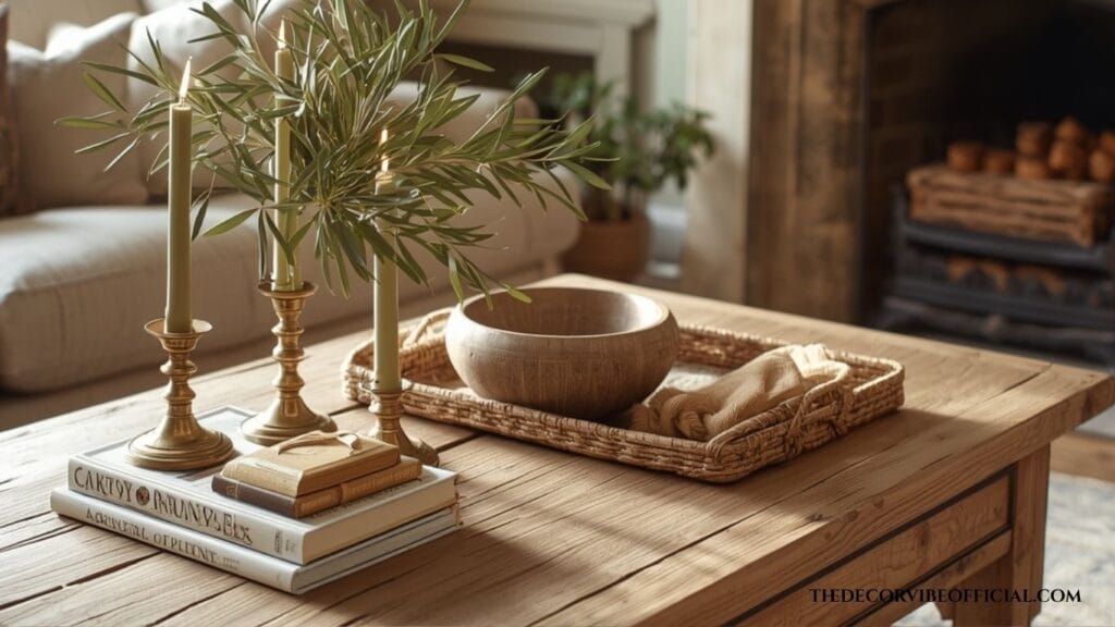 Rustic oak coffee table styled with vintage books, ceramic decor, and brass candle holders in a French country living room.