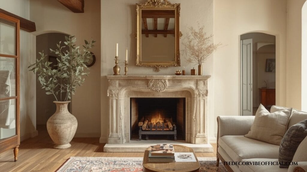 French country living room with a natural stone fireplace, antique gold mirror, linen sofa, and rustic European styling.
French Country Living Room Ideas