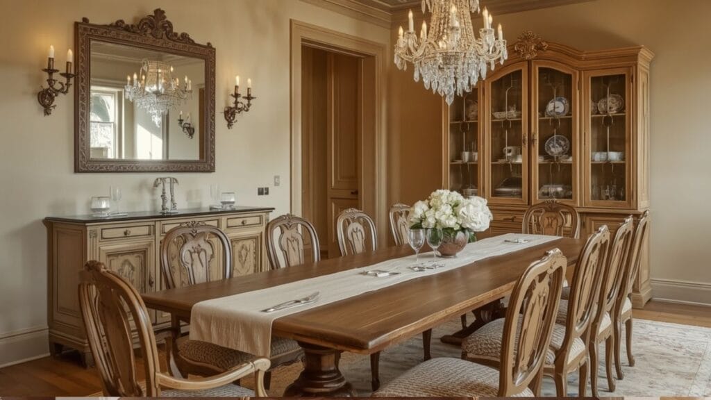 French country antique dining room with chandelier and wooden table.