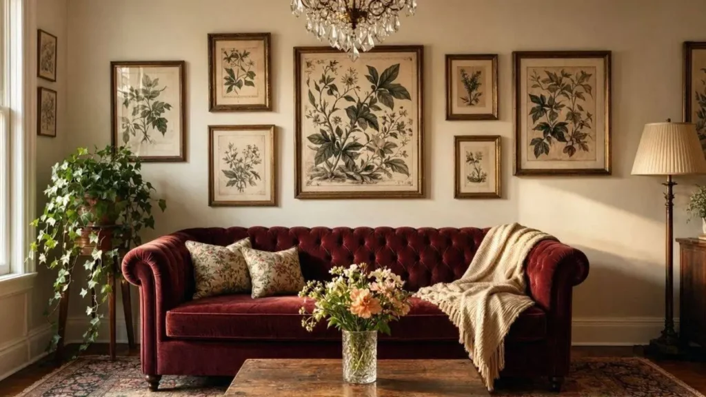 Antique home decor ideas with burgundy velvet sofa botanical prints crystal chandelier and Persian rug
timeless home decor ideas 