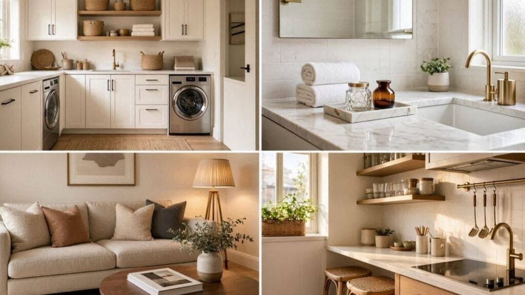 Home decor ideas for small spaces featuring a stylish laundry room, bathroom counter decor, cozy living room, and modern coffee bar in one elegant collage.