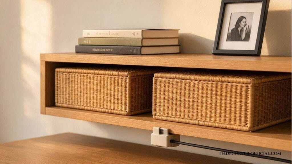 Home office storage ideas with closed baskets and open shelving