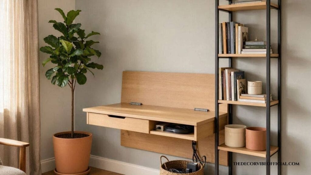Small space home office decor idea with fold-down wall desk