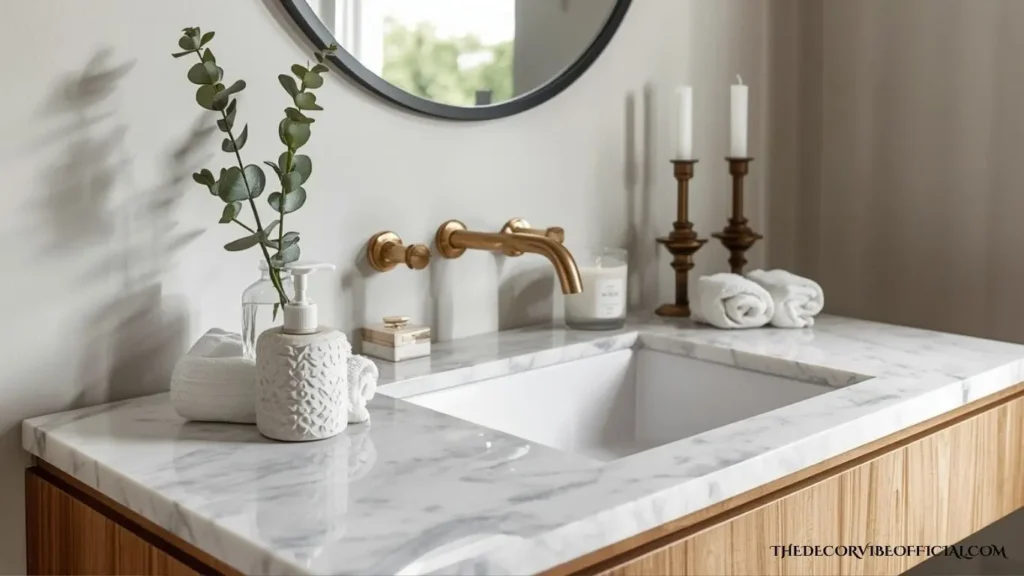 Luxury bathroom vanity styled with marble accessories, white towels, and elegant ceramic decor.