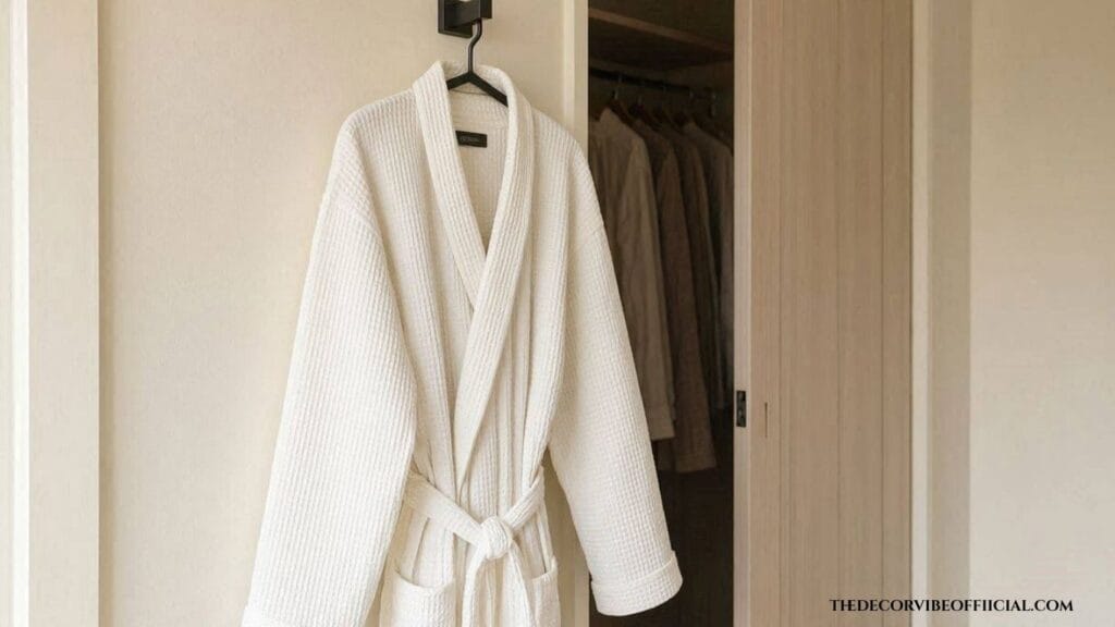 Hotel vibe bedroom with a matching bathrobe hung on a hook