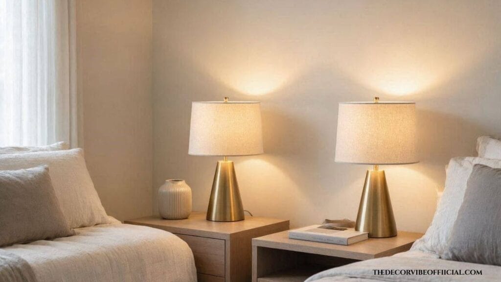 Hotel vibe bedroom with symmetrical dimmable bedside lamps