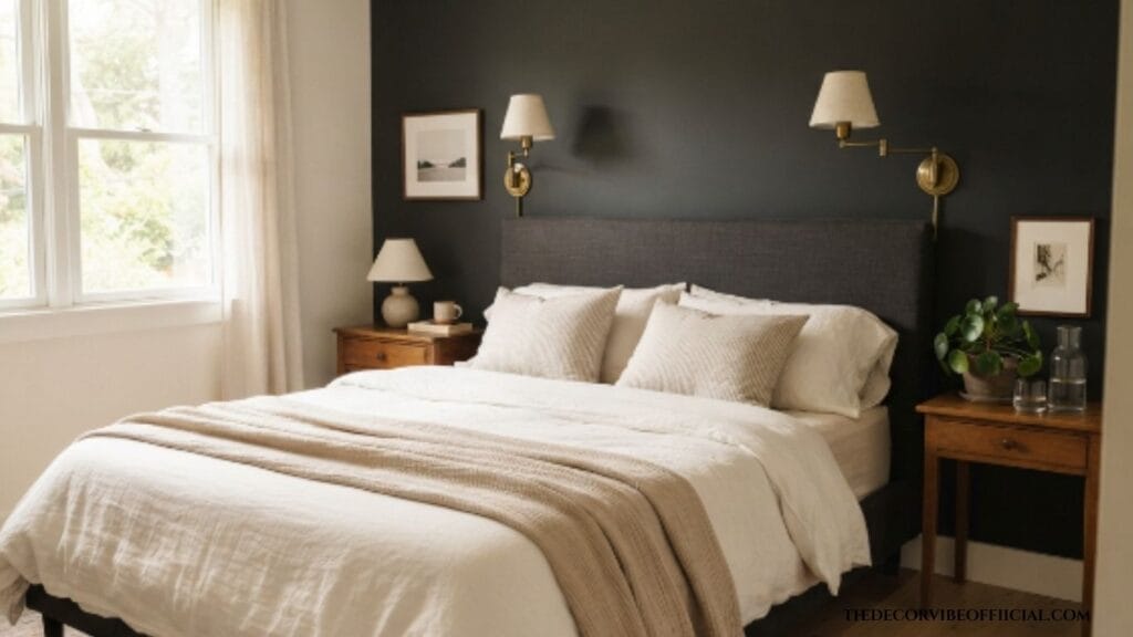 Hotel vibe bedroom with a deep charcoal accent wall