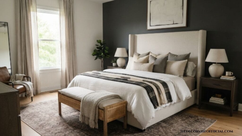 Hotel vibe bedroom primary suite with charcoal wall and upholstered bench