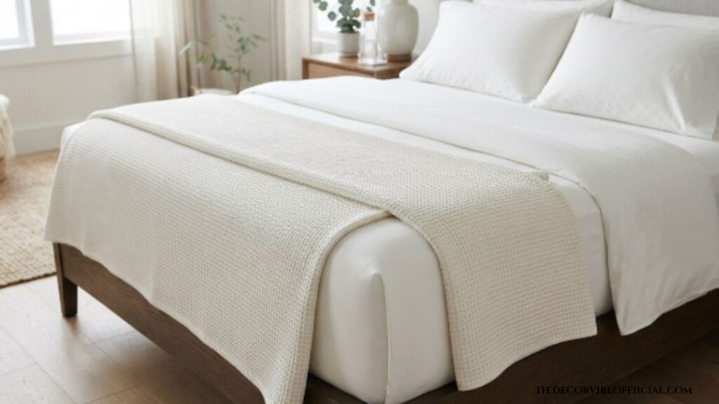 Hotel vibe bedroom with crisp white cotton sheets and tucked corners