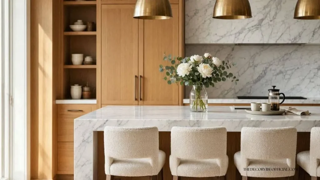 Luxury kitchen island with open shelves styled using cookbooks and ceramic decor.
Kitchen island ideas