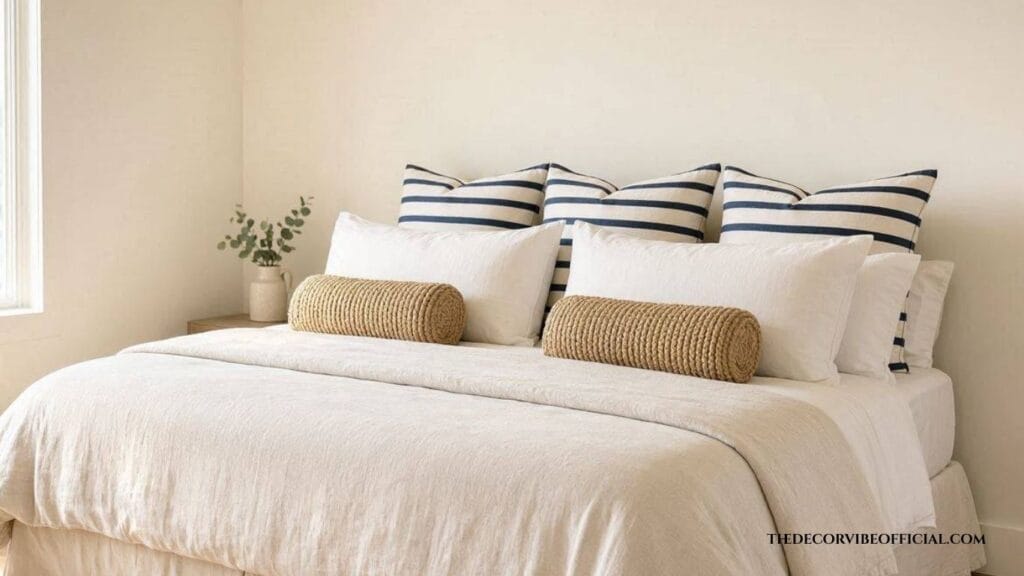 Striped euro shams and bolster pillows layered on a large coastal bedroom bed