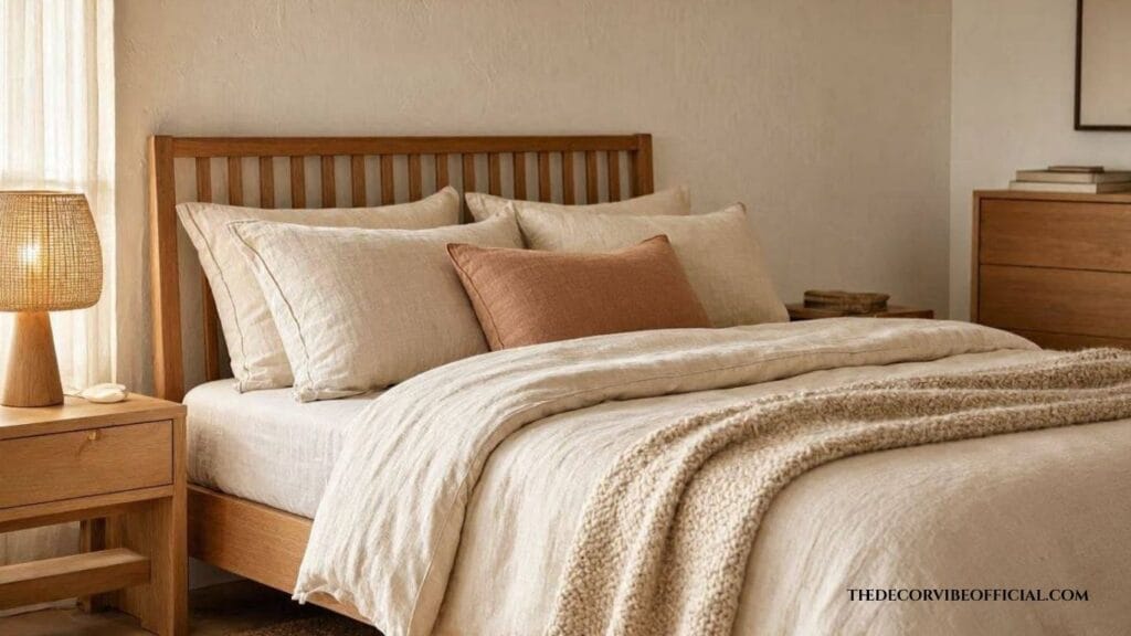 Correctly layered neutral bedroom colors and textures showing varied shades to avoid the empty feeling