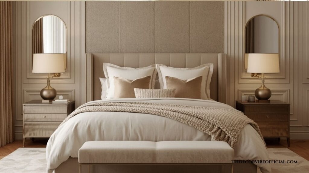 Luxury master bedroom with beige walls, linen bedding, velvet pillows, and layered textures