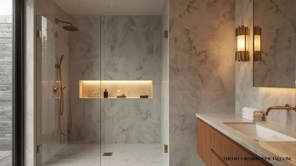 Luxury walk-in shower with an illuminated built-in storage niche and marble walls.
