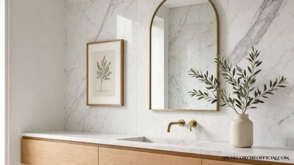 Luxury bathroom featuring botanical artwork, marble walls, and warm oak vanity.