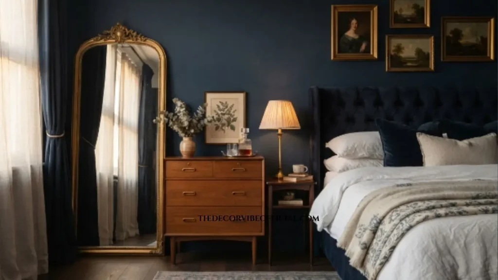 Luxury moody bedroom with an antique gold mirror, navy walls, and walnut furniture