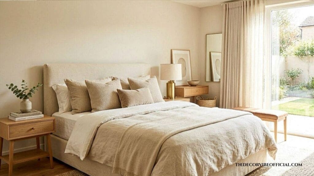 Beautiful beige bedroom with layered neutral bedding, warm lighting, and elegant luxury decor