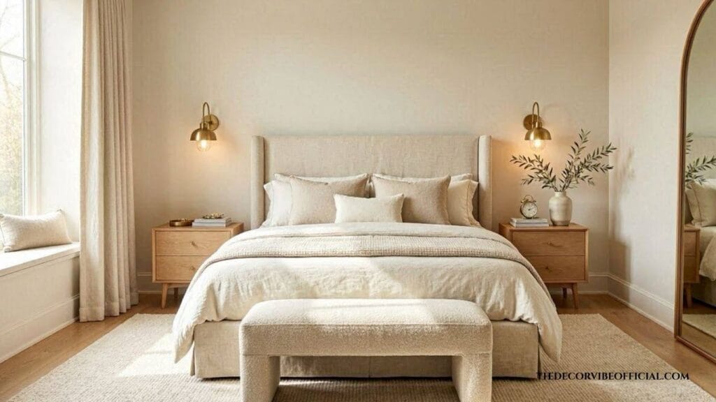 Luxury beige bedroom with layered neutral bedding, warm oak furniture, brass lighting, and timeless elegant decor