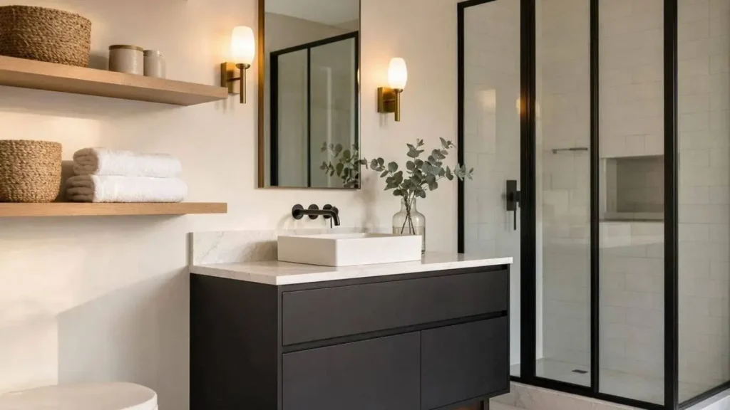 Luxury black and white bathroom with hotel-style towels, floating shelves, and black-framed shower.