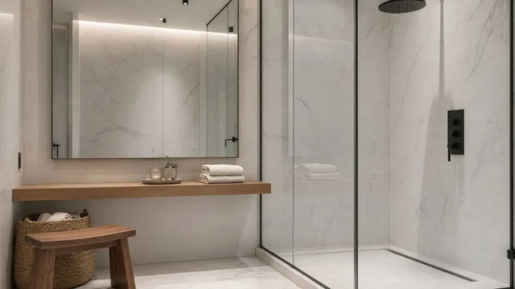 Luxury black and white bathroom featuring warm wooden accents and marble finishes.
