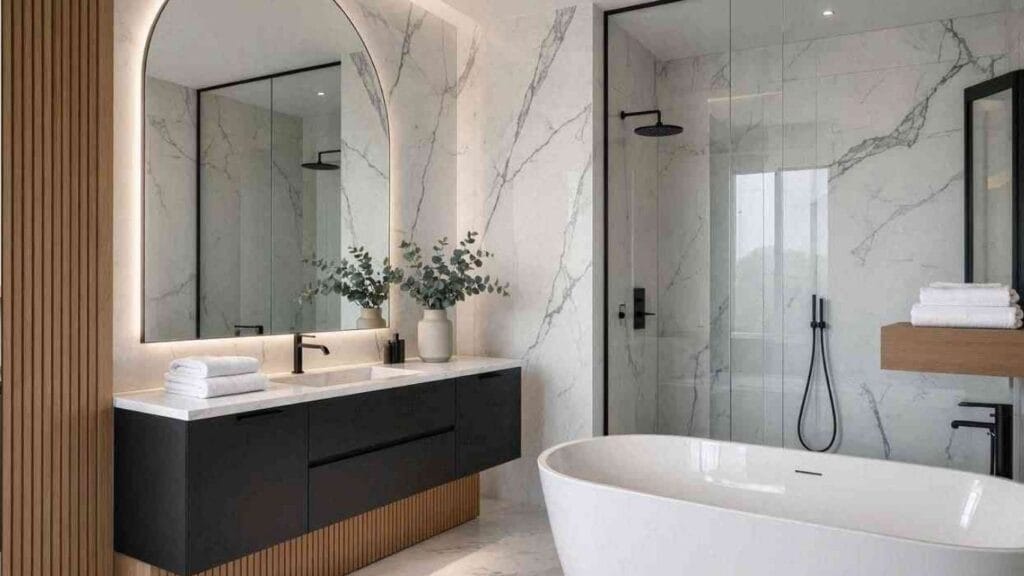 Black and White Bathroom Ideas featuring a luxury bathroom with a floating black vanity, white marble walls, freestanding bathtub, matte black fixtures, and elegant spa-inspired styling.