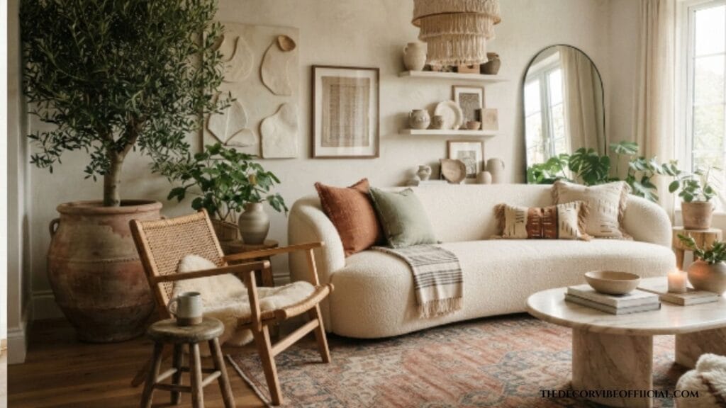 Luxury bohemian living room with woven textures, indoor plants, and warm neutral decor.