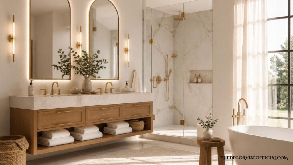 Luxury bathroom featuring a floating oak double vanity, white marble walls, freestanding soaking tub, frameless glass shower, brushed brass fixtures, and elegant boutique hotel styling.