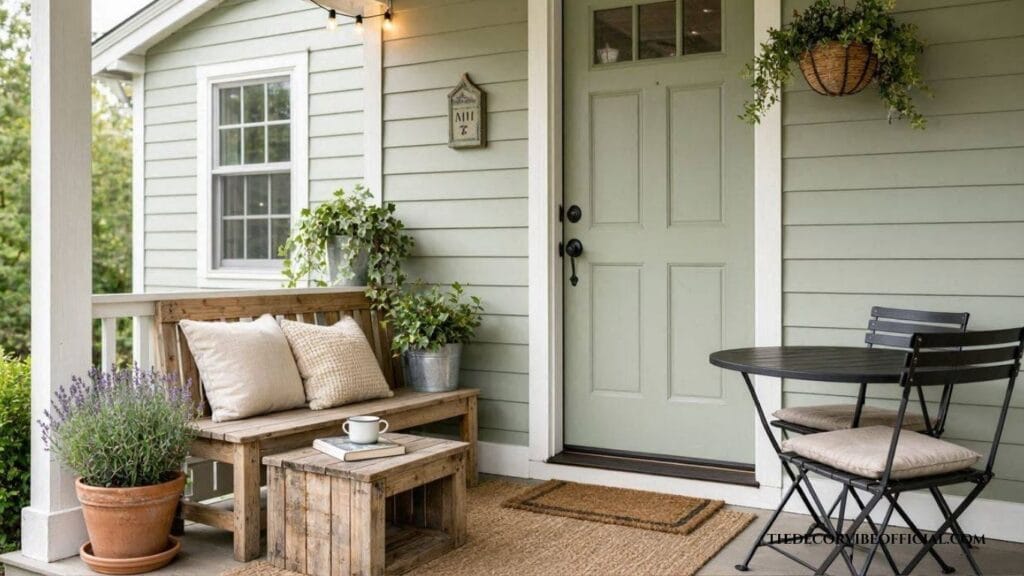 Small porch decorated on a budget with cozy seating, potted plants, outdoor rug, string lights, and affordable farmhouse porch decor ideas.