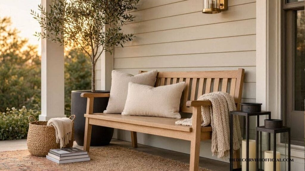 Luxury small porch featuring lanterns, layered rugs, cozy throw blanket, and elegant budget-friendly decor.